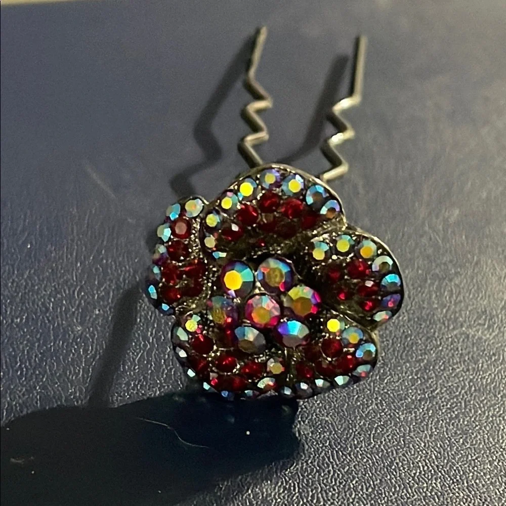Vintage AB red blue crystal flower hair pin